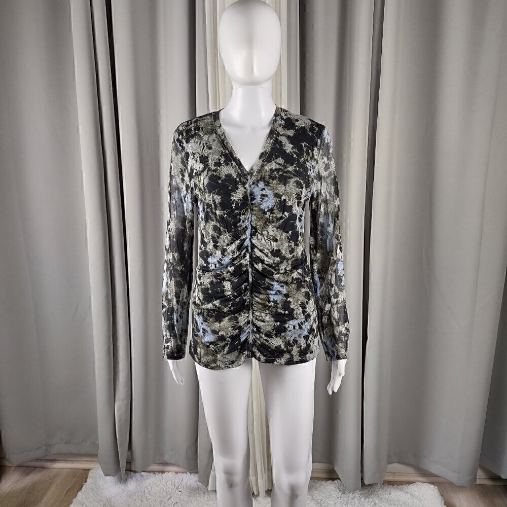 Anne Klein Women's 100% Silk Black Blue Olive Green Long Sleeve Blouse Size L